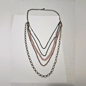 Aeropostale Necklace w Silver-Tone & Black Chain, Pink Glass Beads with 5 Layers